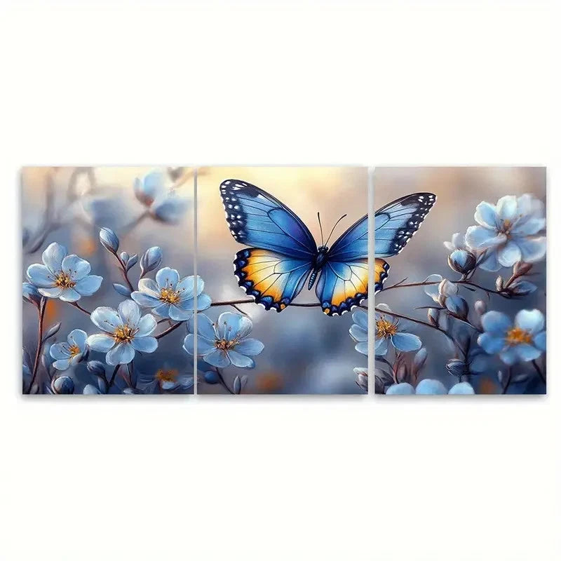 3pcs Delicate Flower Branch with Blue Butterfly Wall Art Set Canvas Framed 60x90cm - High Quality Print 100% Australian Made Wall Canvas Ready to Hang - Bella Home Decor