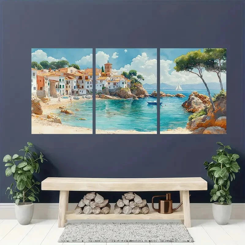 3pcs Spanish Watercolor Cityscape Coastal Metal Print Ready to Hang Art - Bella Home Decor