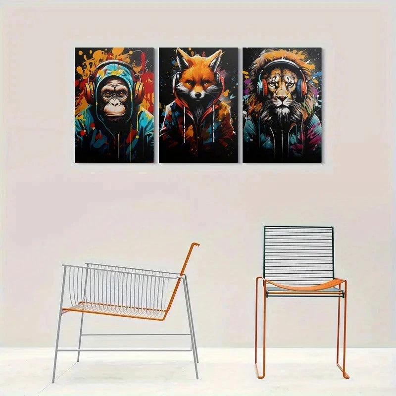 3pcs Wild Beats Animal Headphones Metal Print Ready to Hang Art - Bella Home Decor