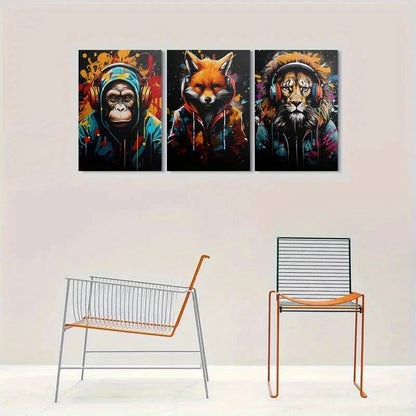 3pcs Wild Beats Animal Headphones Metal Print Ready to Hang Art - Bella Home Decor