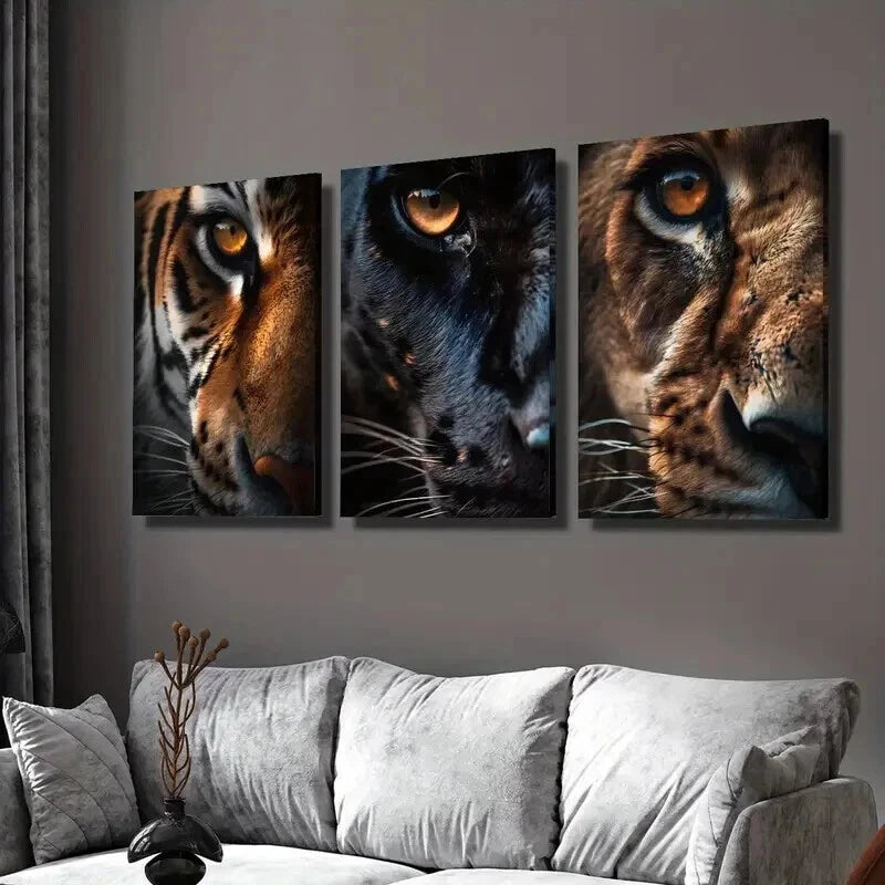 3pcs Close Up of Tiger Panther and Lion Eyes Wall Art Set Canvas Framed 60x90cm - High Quality Print 100% Australian Made Wall Canvas Ready to Hang
