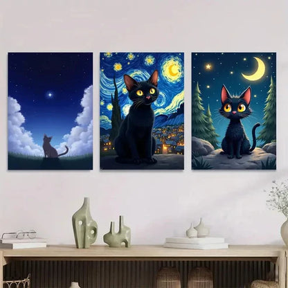 3pcs Starry Night Cat Triptych Vibrant Black Cat Wall Art Set Canvas Unframed - High Quality Print 100% Australian Made Wall Canvas
