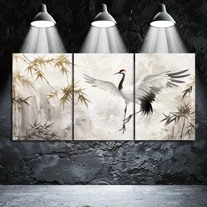 3pcs Asian-Inspired Red-Crowned Crane Metal Print Ready to Hang Art - Bella Home Decor