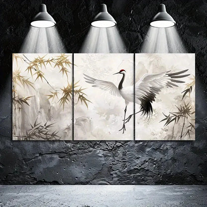 3pcs Asian-Inspired Red-Crowned Crane Metal Print Ready to Hang Art - Bella Home Decor