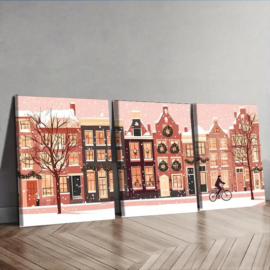 3pcs Winter Holiday Scene with Snowy Rooftops Wall Art Set Canvas Framed 40x60cm - High Quality Print 100% Australian Made Wall Canvas Ready to Hang