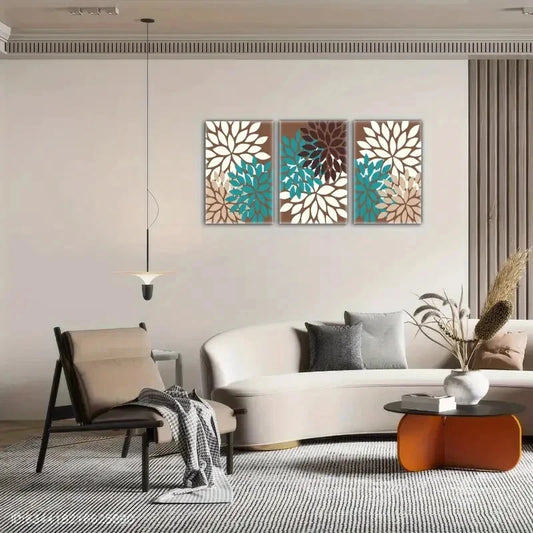 3pcs Botanical Flowers Bloom Teal Brown Cream Metal Print Ready to Hang Art