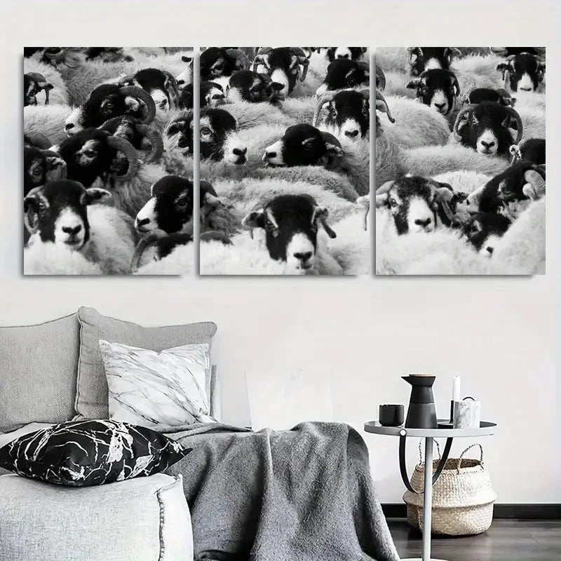 3pcs Close Up Black and White Sheep Metal Print Ready to Hang Art - Bella Home Decor
