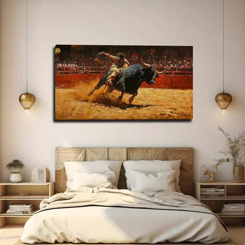 Vibrant Bullfighting Scene Wall Art Canvas Office Home Room Framed 120x60cm