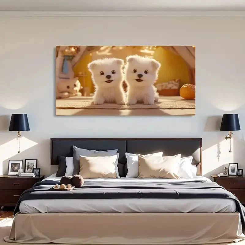 Fluffy Puppies Sunlight Décor Wall Art Canvas Office Home Room Framed 120x60cm - Bella Home Decor