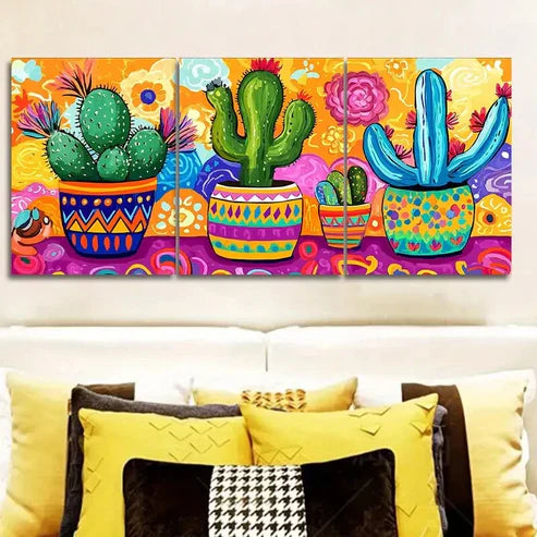 3pcs Cactus in Colorful Flower Pots Wall Art Set Canvas Unframed - High Quality Print 100% Australian Made Wall Canvas - Bella Home Decor