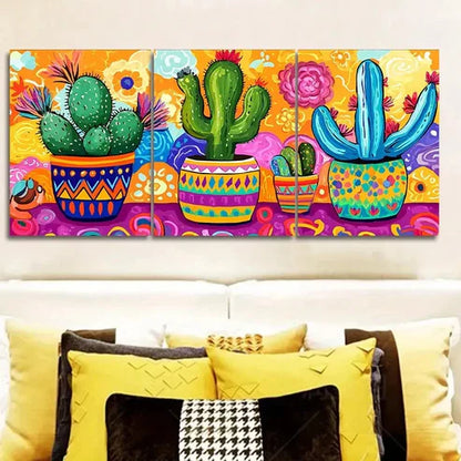 3pcs Cactus in Colorful Flower Pots Wall Art Set Canvas Unframed - High Quality Print 100% Australian Made Wall Canvas - Bella Home Decor