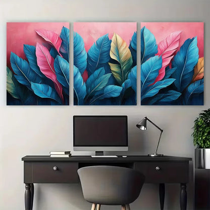 3pcs Jungle Foliage Pink Blue Teal Leaves Wall Art Set Canvas Framed 40x60cm - High Quality Print 100% Australian Made Wall Canvas Ready to Hang