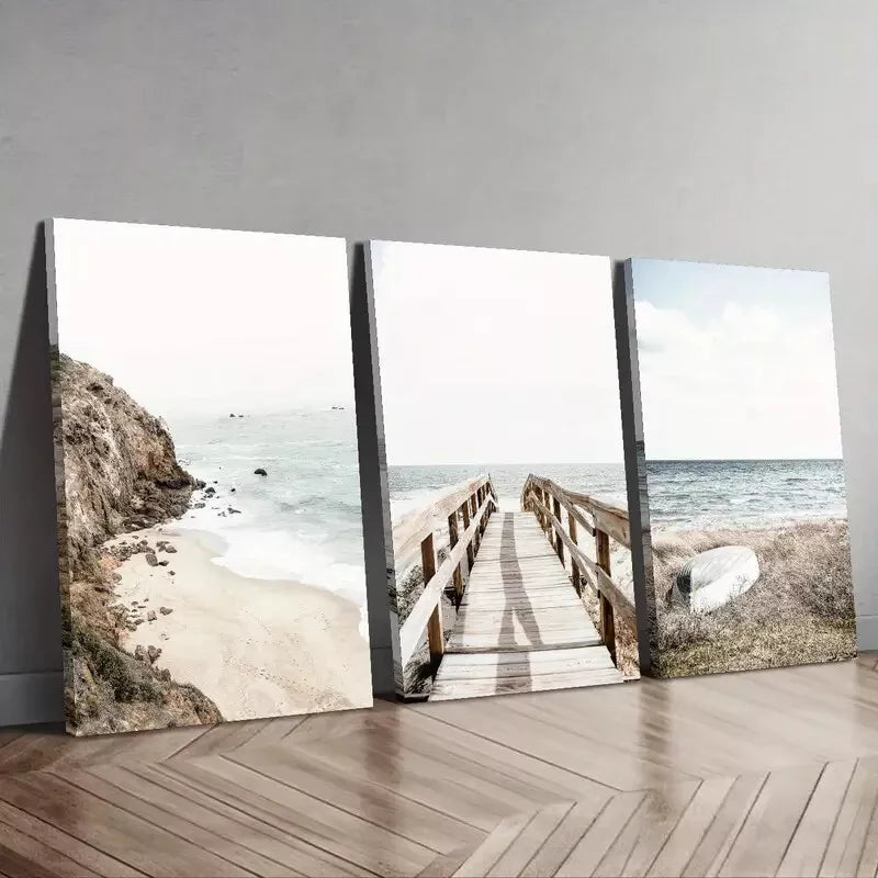 3pcs Coastal Mural   Wall Art Set Canvas Framed 50x70cm - High Quality Print 100% Australian Made Wall Canvas Ready to Hang - Bella Home Decor