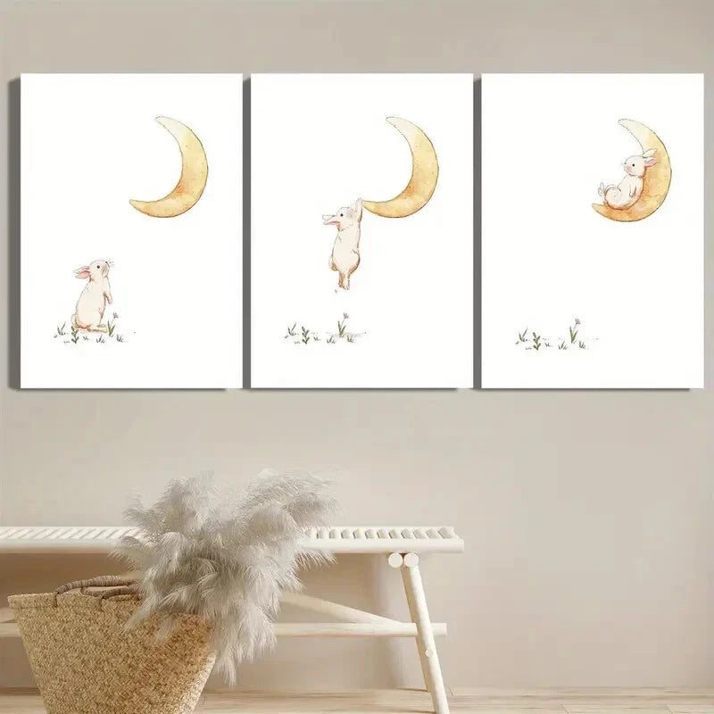 3pcs Cute Rabbit Climbed to The Moon to Sleep Metal Print Ready to Hang Art - Bella Home Decor