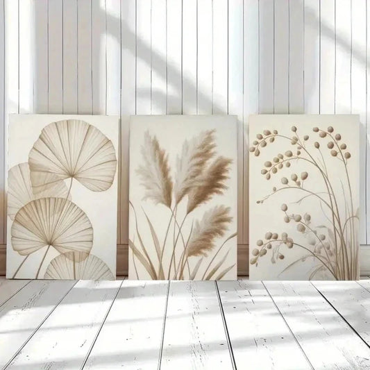 3pcs Pampas Grass & Reed Leaves Minimalist Wall Art Set Canvas Framed 50x70cm - High Quality Print 100% Australian Made Wall Canvas Ready to Hang