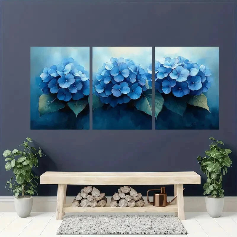 3pcs Elegant Blue Hydrangea Floral Watercolor Metal Print Ready to Hang Art - Bella Home Decor