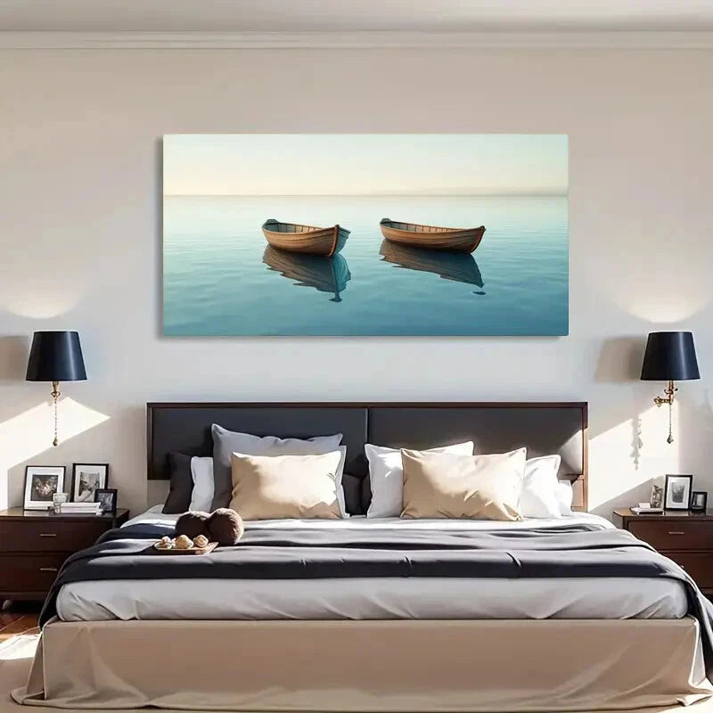 Serene Boat Reflection Calm Wall Art Canvas Office Home Room Framed 120x60cm - Bella Home Decor