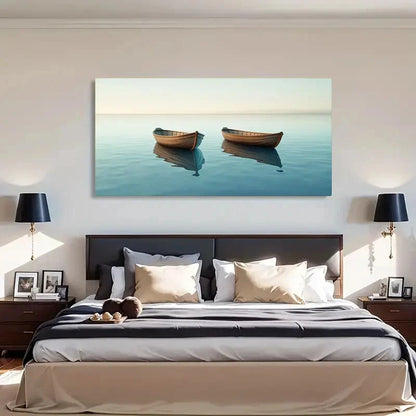 Serene Boat Reflection Calm Wall Art Canvas Office Home Room Framed 120x60cm - Bella Home Decor