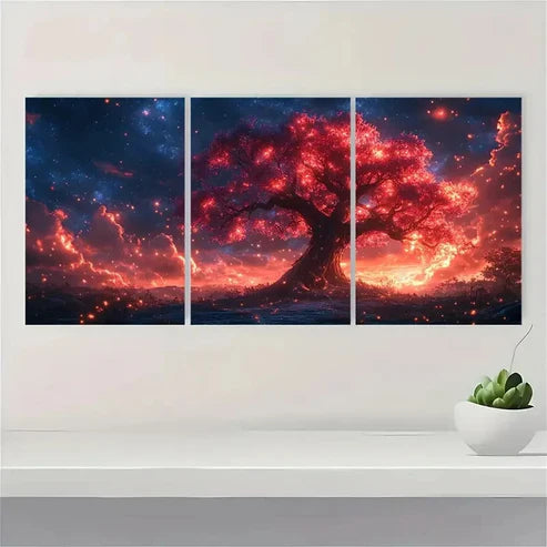 3pcs Deep Blue & Burning Red Fantasy Tree RY Wall Art Canvas Unframed – High Quality Print 100% Australian Made Wall Canvas - Bella Home Decor