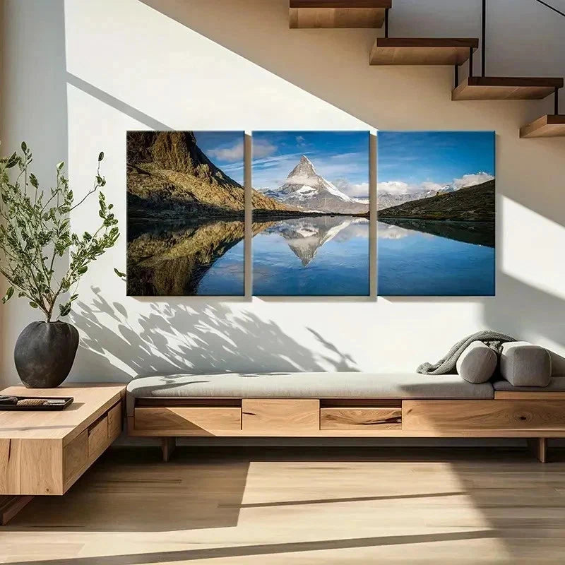 3pcs Lake Snowy Mountains Modern Landscape Wall Art Set Canvas Framed 60x90cm - High Quality Print 100% Australian Made Wall Canvas Ready to Hang