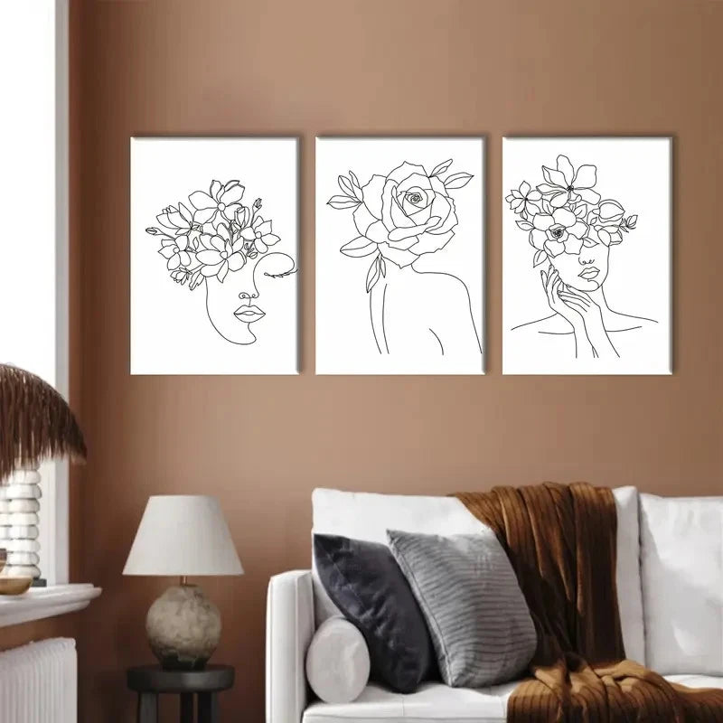 3pcs Black & White Floral Woman Illustrations Metal Print Ready to Hang Art - Bella Home Decor