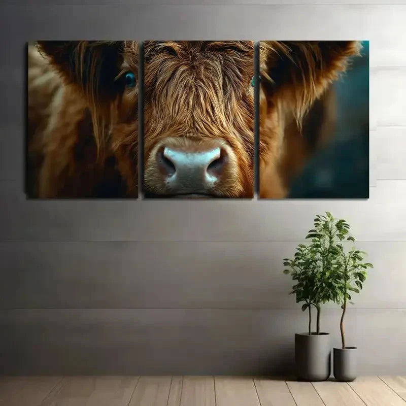 3pcs Brown Highland Cow with Long Hair Metal Print Ready to Hang Art - Bella Home Decor