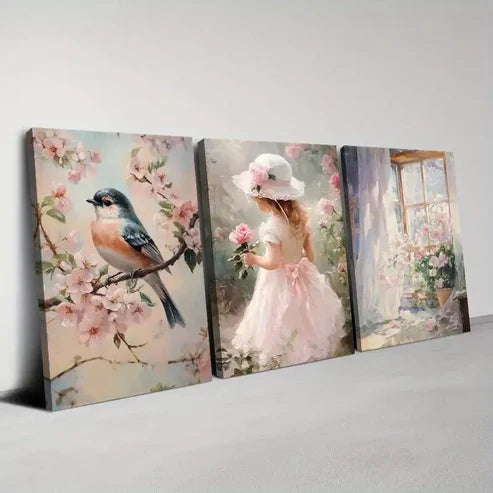 3pcs Pink Flowers Charming Spring Cute Girl Wall Art Canvas Unframed - High Quality Print 100% Australian Made Wall Canvas