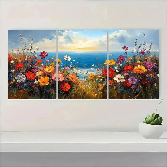 3pcs Wildflower Floral Seaside Landscape Perfect Wall Art Set Canvas Framed 60x90cm - High Quality Print 100% Australian Made Wall Canvas Ready to Hang