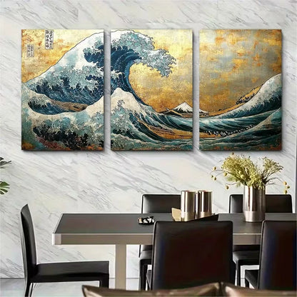 3pcs Katsushika Hokusai The Great Wave off Kanaga Metal Print Ready to Hang Art - Bella Home Decor