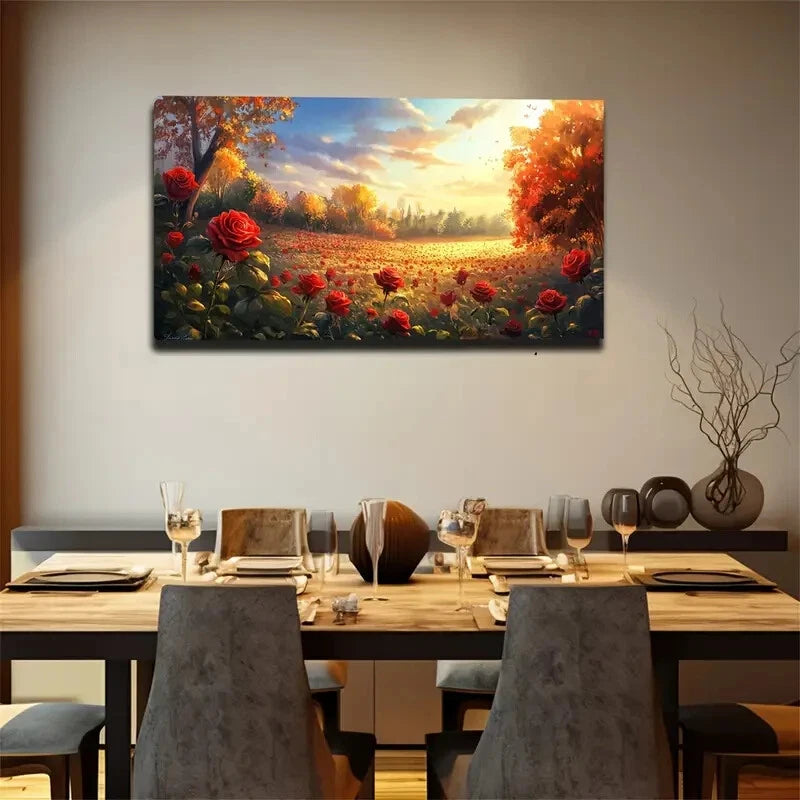 Red Roses & Autumn Orange Trees Wall Art Canvas Office Home Room Framed 120x60cm - Bella Home Decor
