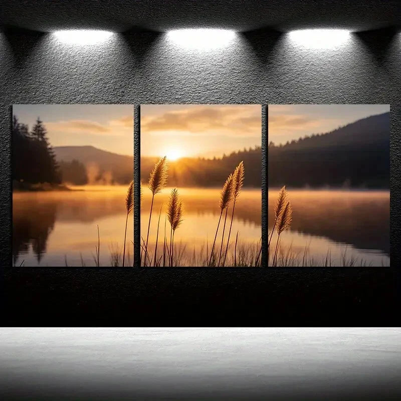 3pcs Reeds by the Lake with Sunlit Scene Metal Print Ready to Hang Art - Bella Home Decor