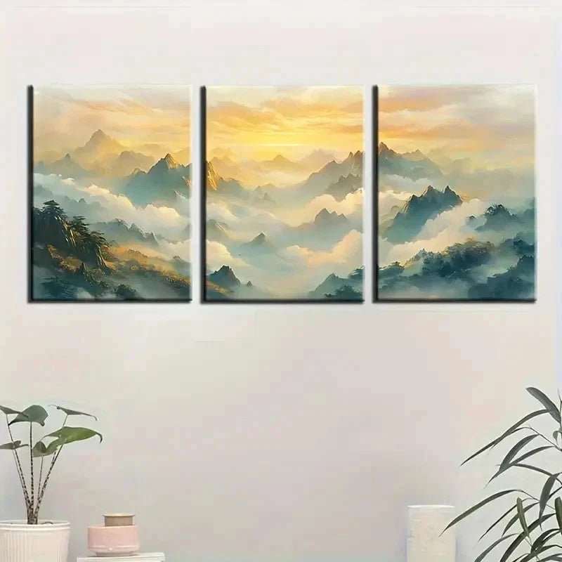 3pcs Serene Mountain Landscape With Sunset Wall Art Set Canvas Framed 60x90cm - High Quality Print 100% Australian Made Wall Canvas Ready to Hang