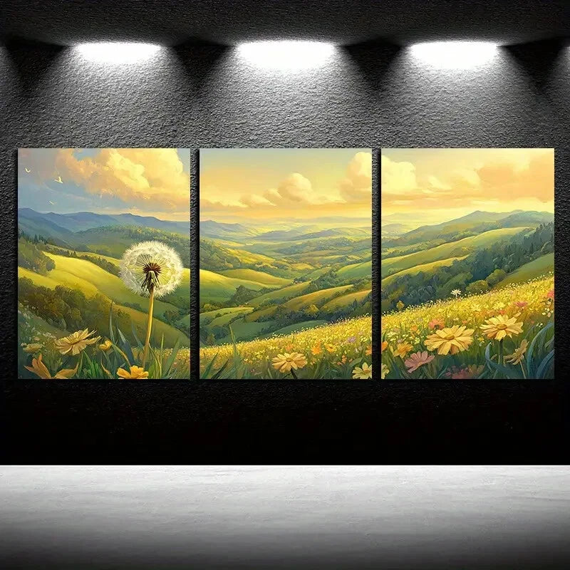 3pcs Vibrant Dandelion Fields Nature-Themed Design Metal Print Ready to Hang Art