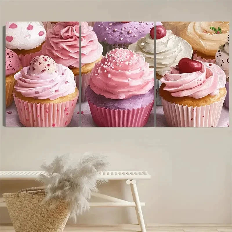 3pcs Pink Cupcake Whimsical Dessert Lovers Art Wall Art Set Canvas Framed 50x70cm - High Quality Print 100% Australian Made Wall Canvas Ready to Hang