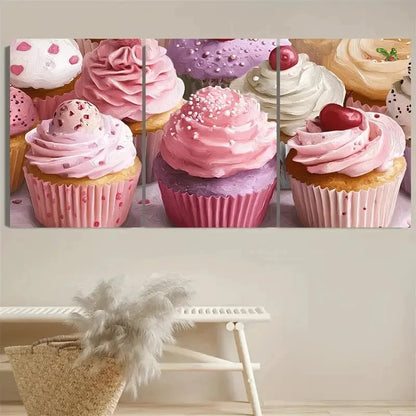 3pcs Pink Cupcake Whimsical Dessert Lovers Art Wall Art Set Canvas Framed 50x70cm - High Quality Print 100% Australian Made Wall Canvas Ready to Hang