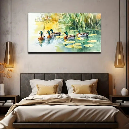 Duck Beside Water Lilies Wall Art Canvas Office Home Room Framed 120x60cm