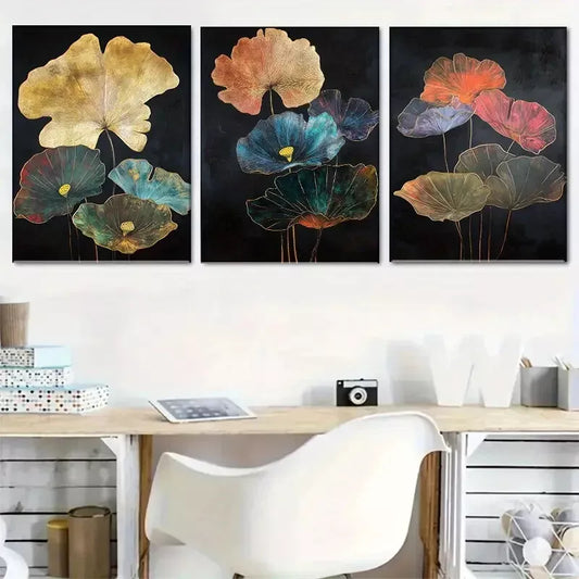 3pcs Colorful Metallic Design on Black Flowers Art Set Canvas Framed 50x70cm - High Quality Print 100% Australian Made Wall Canvas Ready to Hang