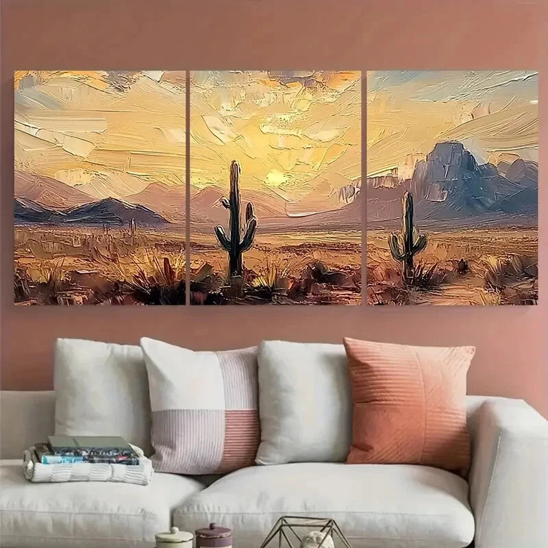 3pcs Desert Sunset Cactus Mountain Southwest Metal Print Ready to Hang Art - Bella Home Decor