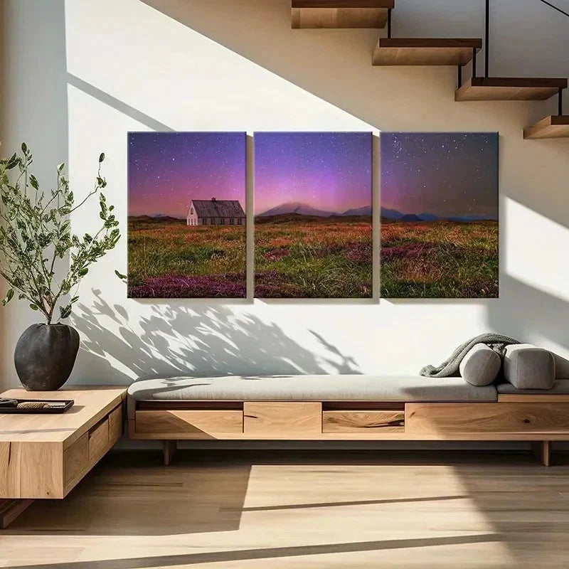 3pcs Starry Night Scene Grassland & Cabin Wall Art Set Canvas Framed 60x90cm - High Quality Print 100% Australian Made Wall Canvas Ready to Hang