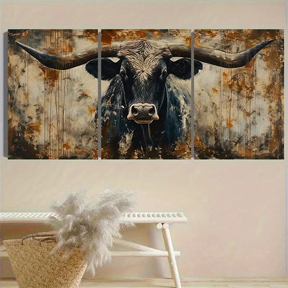 3pcs Textured Black Bull Painting Wall Art Set Canvas Framed 50x70cm - High Quality Print 100% Australian Made Wall Canvas Ready to Hang - Bella Home Decor