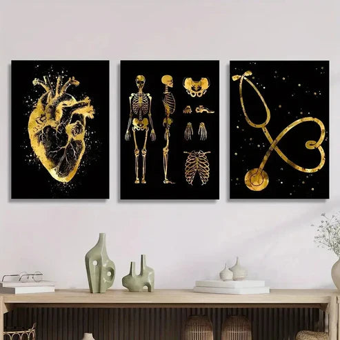 3pcs Golden Decorative Paintings with Stethoscope Wall Art Canvas Unframed - High Quality Print 100% Australian Made Wall Canvas - Bella Home Decor