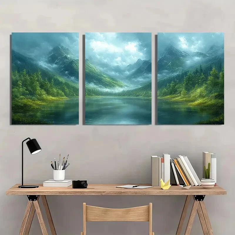 3pcs Rich Mossy Green Hues Ethereal Foggy Mist Metal Print Ready to Hang Art - Bella Home Decor
