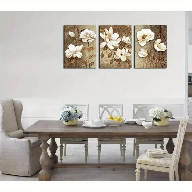 3pcs Vintage Floral White Blossom & Green Leaves Metal Print Ready to Hang Art - Bella Home Decor