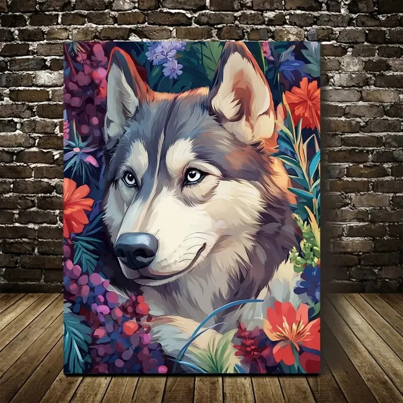 Vibrant Siberian Husky with Colorful Floral Painting 40x60cm Metal Print Ready to Hang
