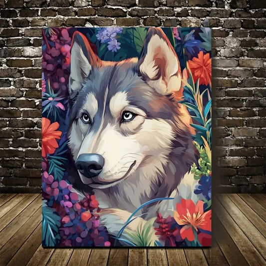 Vibrant Siberian Husky with Colorful Floral Painting 40x60cm Metal Print Ready to Hang