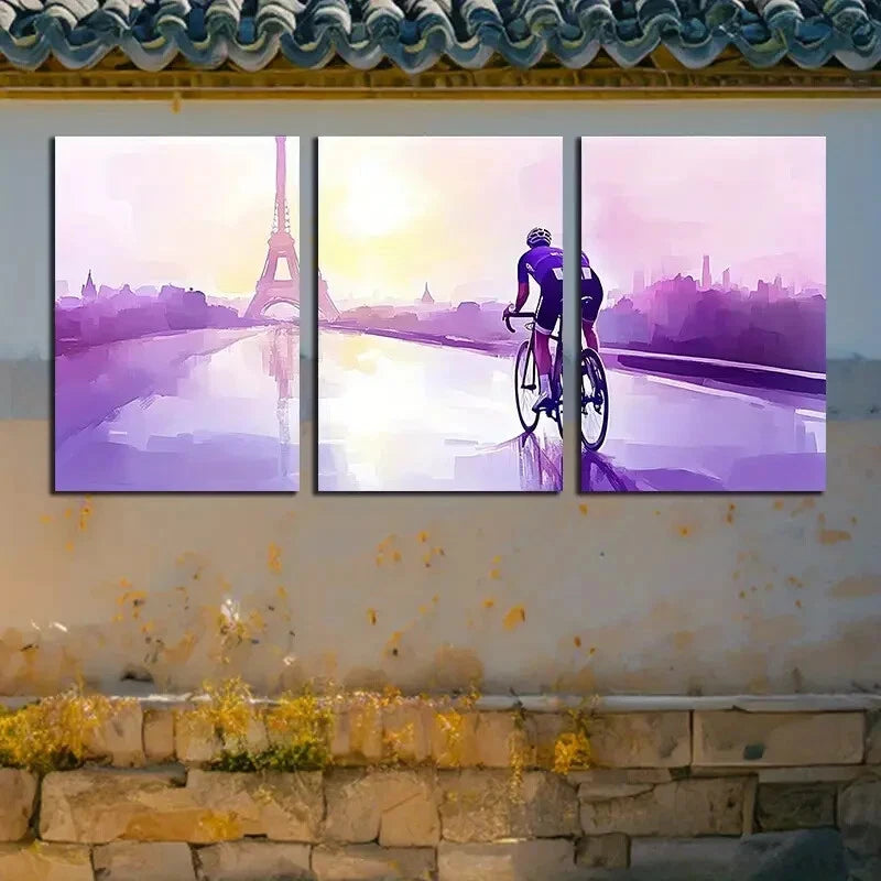 3pcs Cyclist and Eiffel Tower Modern Landscape Metal Print Ready to Hang Art - Bella Home Decor