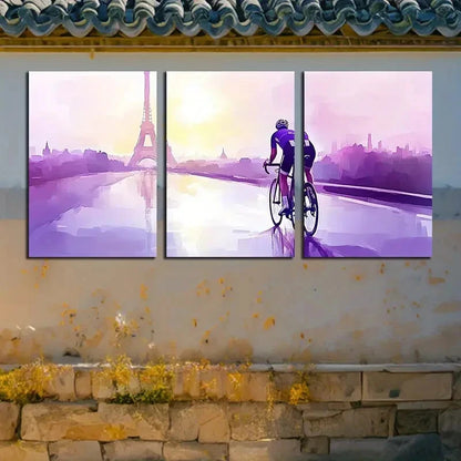 3pcs Cyclist and Eiffel Tower Modern Landscape Metal Print Ready to Hang Art - Bella Home Decor