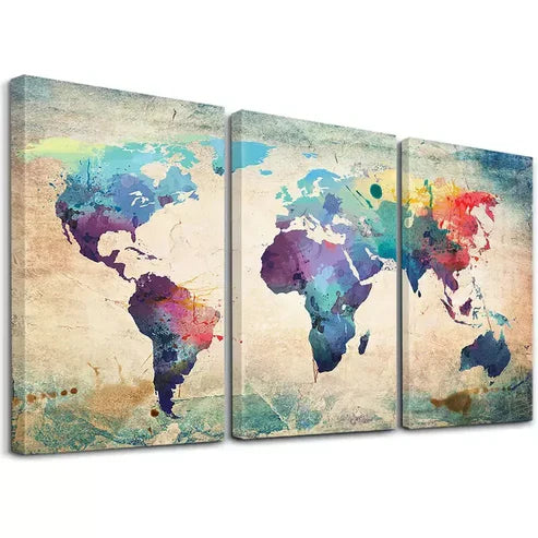 3pcs Colorful World Map Art Set Canvas Unframed - High Quality Print 100% Australian Made Wall Canvas