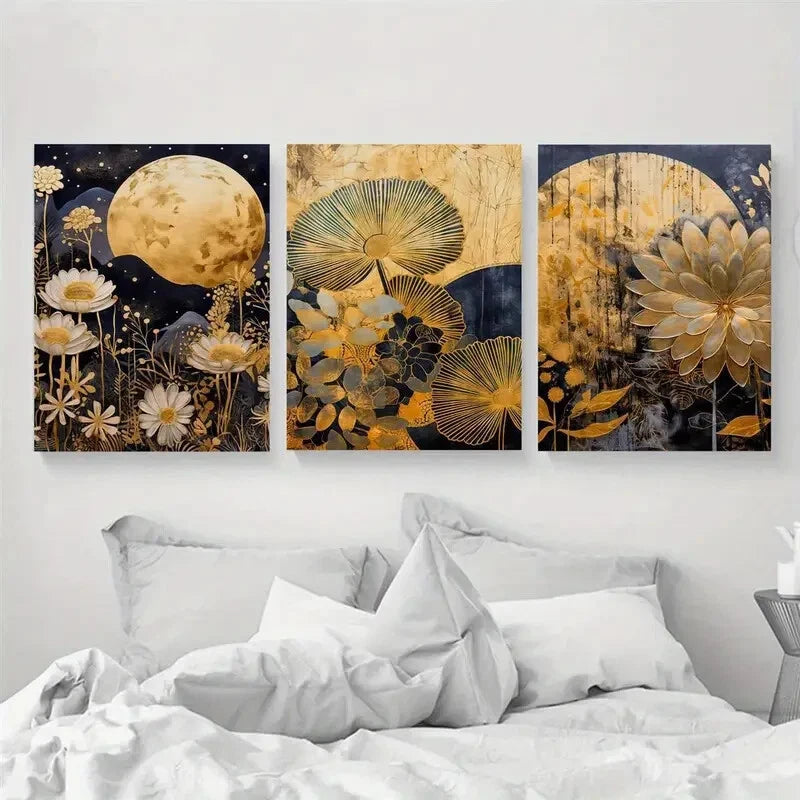 3pcs Modern Golden Moon and Flowers Theme Metal Print Ready to Hang Art - Bella Home Decor