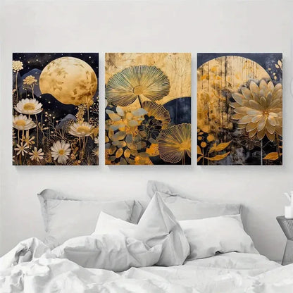 3pcs Modern Golden Moon and Flowers Theme Metal Print Ready to Hang Art - Bella Home Decor